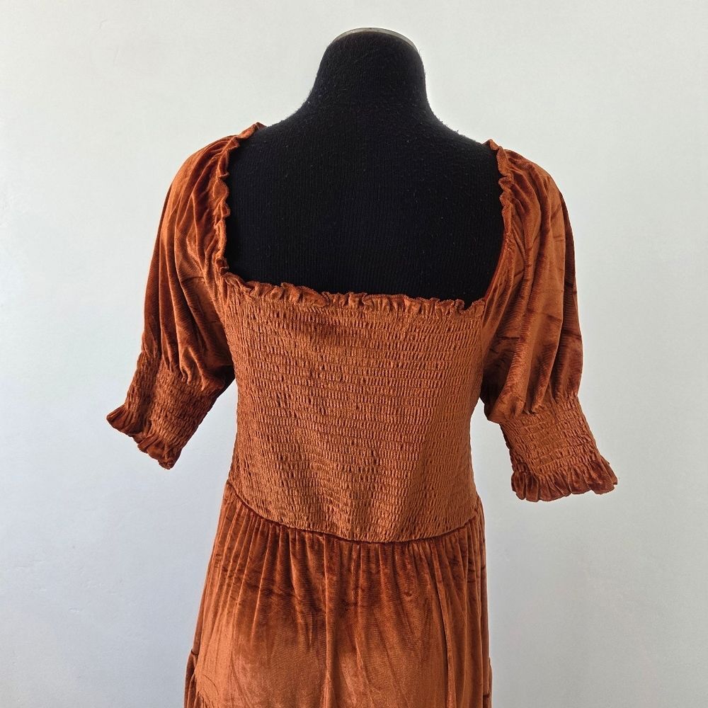Burnt Orange Copper Velvet Maxi Dress Tiered Smocked Holiday Party Christmas M - Picture 8 of 12